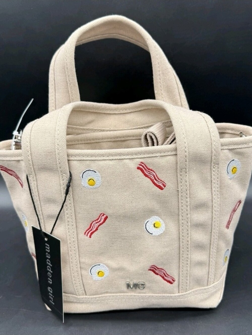 Madden Girl Taupe Bacon & Eggs Canvas Mini Tote Bag NWT - Picture 4 of 6